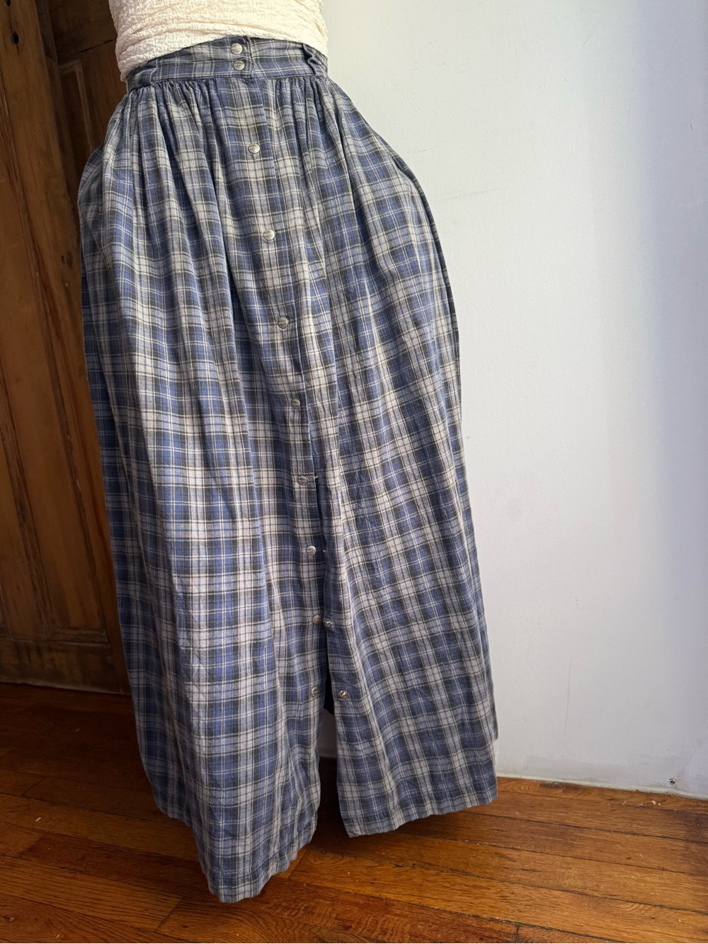 Perry Ellis Cotton Plaid Blue Gray Maxi Skirt Full Volume Americana Prep